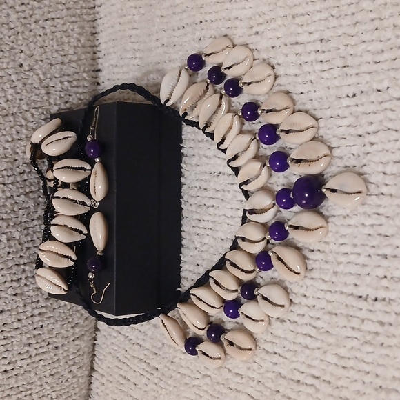 Jewelry - Cowrie Shell and Purple Bead Statement 3-piece Set